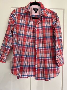 Chaps Women’s Coral and Blue Plaid Button-Down Shirt